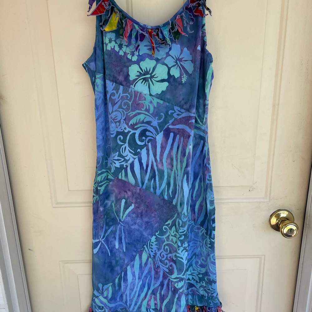 Tropical Tantrum Hawaii Batik Wax Art Dress Blue Floral Hand painted Med